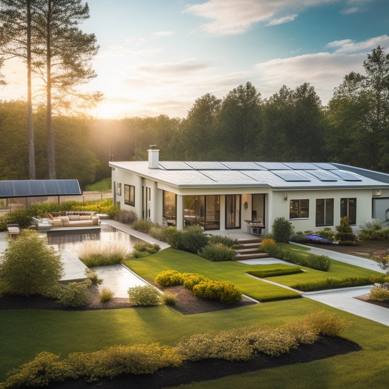 A serene suburban backyard with a sleek, modern house, featuring a rooftop array of high-efficiency solar panels at a 30-degree angle, surrounded by lush greenery and a few puffy white clouds.