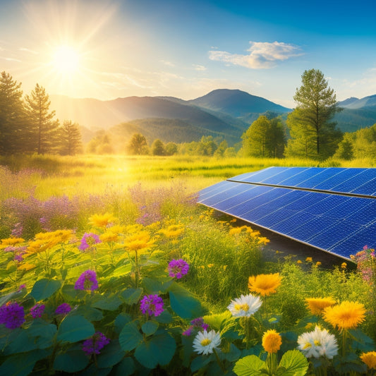 A vibrant landscape featuring solar panels glistening under a bright sun, surrounded by lush greenery, wildflowers, and a clear blue sky, with wildlife thriving nearby, illustrating harmony between technology and nature.