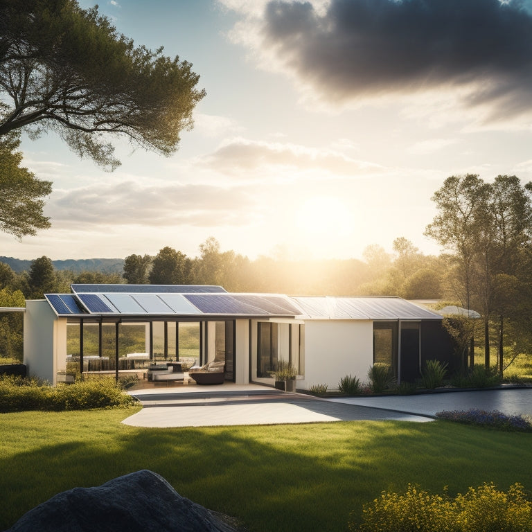 A serene, sun-kissed landscape with a modern home in the background, featuring a sleek, silver-framed solar panel system on its rooftop, surrounded by lush greenery and a few fluffy white clouds.