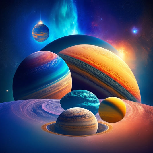 A vibrant, stylized illustration featuring the eight planets in our solar system, each with distinct textures and colors, surrounded by swirling clouds of gas and dust, amidst a starry night sky.