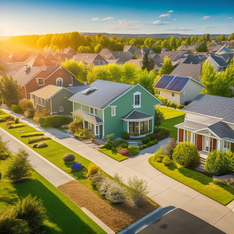 A vibrant suburban neighborhood with various houses, each topped with different styles of solar panels, sun shining brightly, a high-tech digital interface overlay comparing energy outputs and efficiencies, lush green lawns and clear skies.