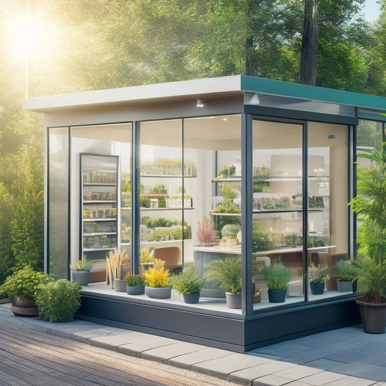 A bright and modern retail storefront with a large glass window, showcasing a variety of solar panels and a friendly salesperson gesturing towards a interactive display, surrounded by lush greenery.