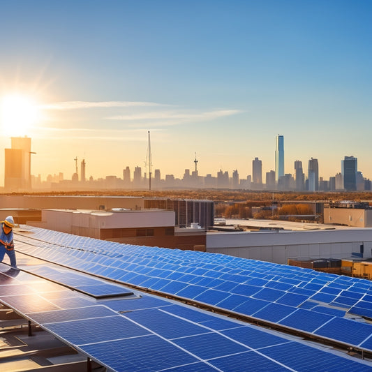 A sunlit commercial rooftop with rows of sleek solar panels, workers in safety gear installing the system, a clear blue sky, and a city skyline in the background, showcasing renewable energy in action.