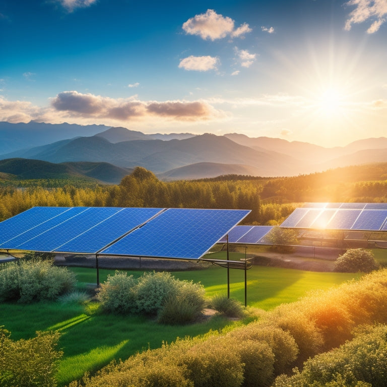 A vibrant landscape featuring solar panels on rooftops, surrounded by greenery. Bright sun rays illuminate the scene, with a clear blue sky and distant hills, symbolizing a clean, sustainable future and reduced carbon footprint.