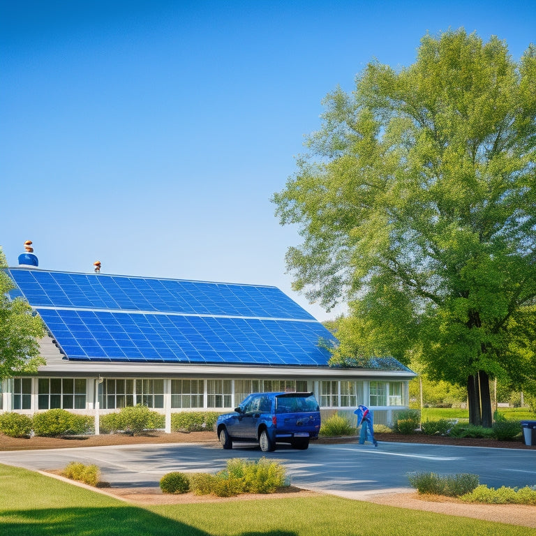A vibrant solar panel installation on a modern commercial building, surrounded by green trees and blue skies, with workers installing panels and a nearby sign displaying a solar program logo, symbolizing state support for businesses.
