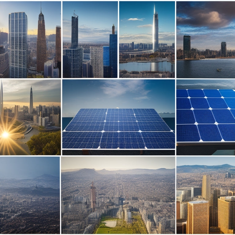 A split-screen image with a cityscape in the background, featuring a grid of 9-12 solar panels from different brands (e.g., Tesla, SunPower, Panasonic) with varying designs, frames, and cell patterns.