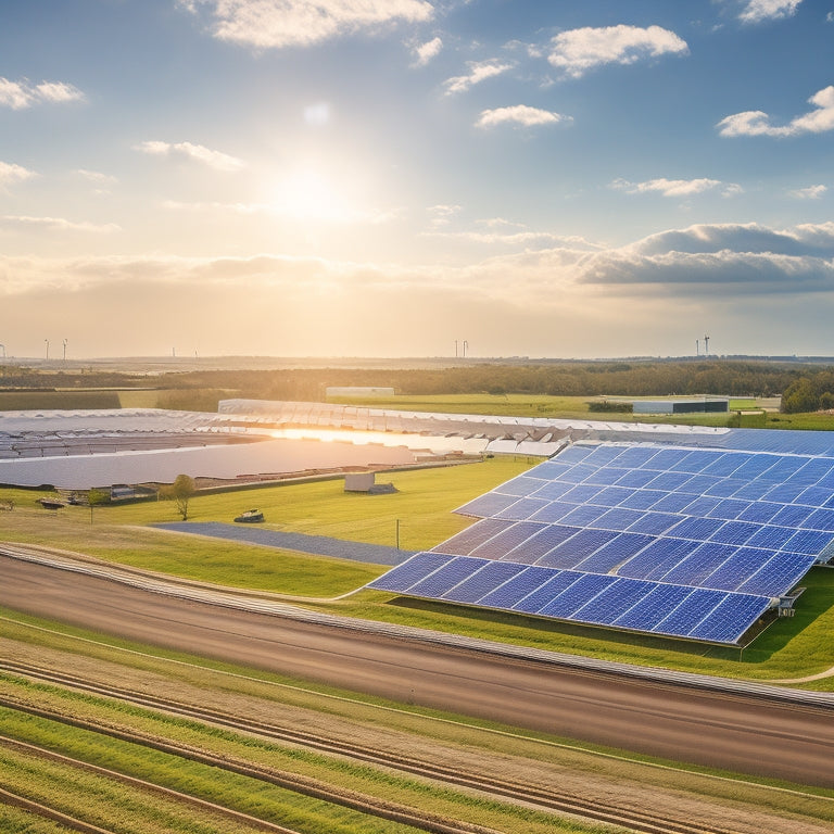 A serene landscape with a sprawling industrial complex in the background, featuring rows of sleek solar panels installed on rooftops and in surrounding fields, with a bright blue sky and fluffy white clouds.