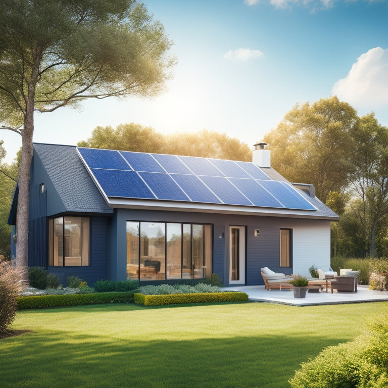 A serene suburban home with a sloping roof, partially covered in sleek black solar panels, surrounded by lush greenery and a bright blue sky with a few puffy white clouds.