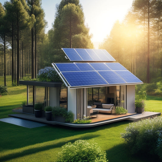 A futuristic solar battery installation, gleaming under bright sunlight, with advanced technology features, surrounded by lush greenery, showcasing energy efficiency with digital displays and solar panels elegantly integrated into a modern home.