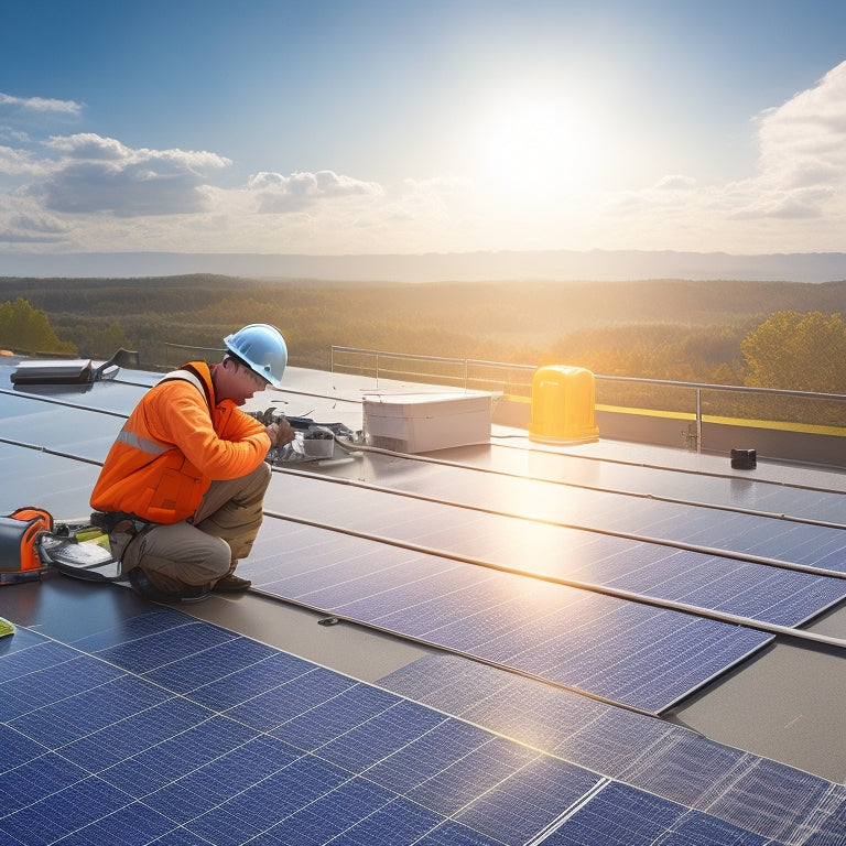 An illustration of a rooftop with a technician in a yellow hard hat and orange vest, surrounded by solar panels at various stages of installation, with tools and wires strewn about.