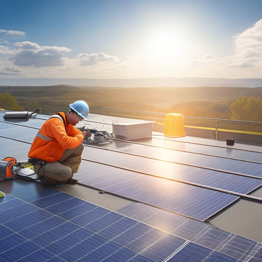 An illustration of a rooftop with a technician in a yellow hard hat and orange vest, surrounded by solar panels at various stages of installation, with tools and wires strewn about.