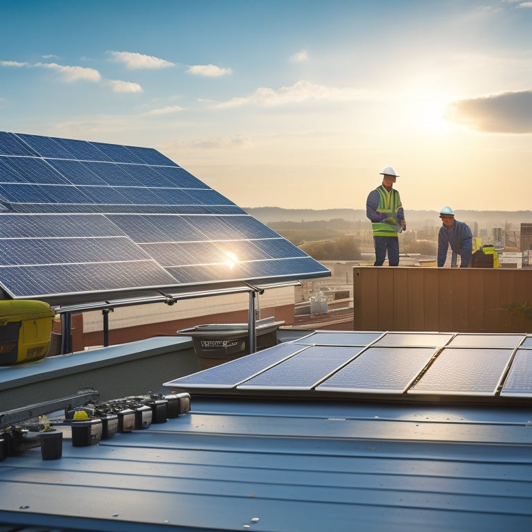 A rooftop with a partially installed solar panel array, tools and equipment scattered around, a ladder leaning against the roof, and a worker in the background measuring the roof's dimensions.