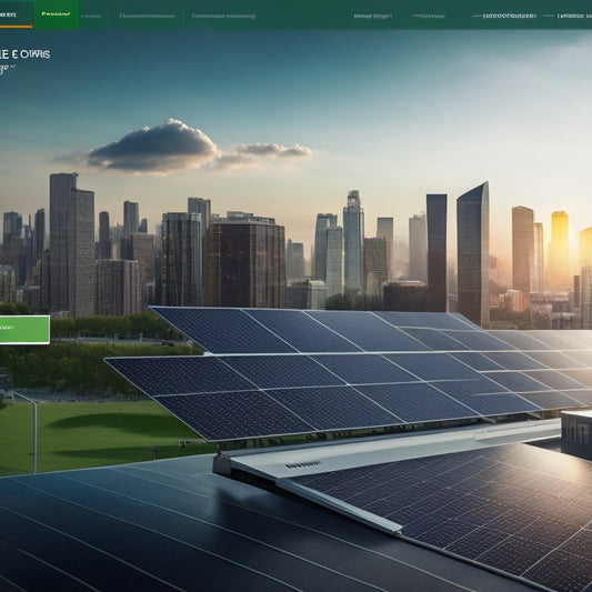 A vibrant, sunlit online store interface showcasing sleek solar panels, shopping cart icons, and green energy symbols, all set against a backdrop of a futuristic, eco-friendly cityscape with solar panels on rooftops.