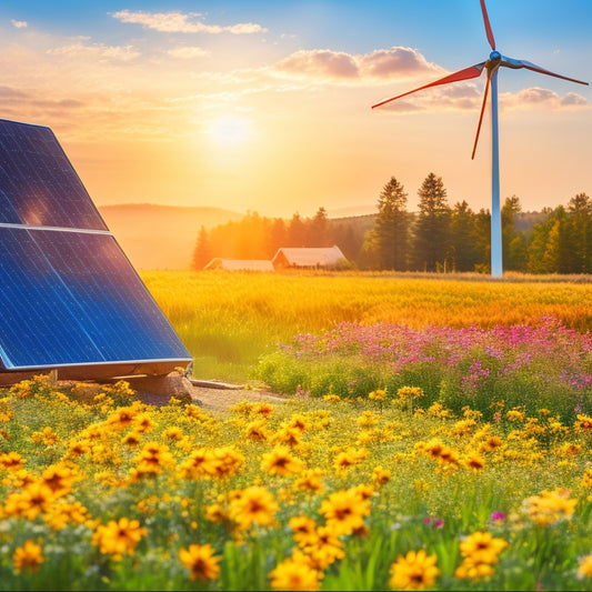 A serene landscape showcasing a solar panel garden with colorful wildflowers, a rustic wooden wind turbine in the background, and a sunlit sky, emphasizing sustainability and harmony with nature.