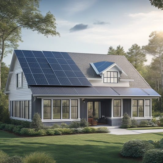 A serene suburban home with a mix of dark and light gray asphalt shingles, surrounded by lush greenery, featuring a sleek solar panel array on the roof, with 3-4 panels angled at 30-40 degrees.