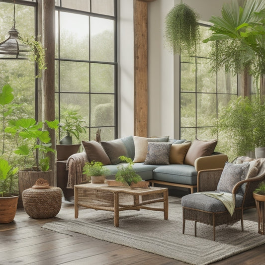 A serene living room featuring large windows, natural light streaming in, indoor plants, reclaimed wood furniture, bamboo flooring, and a cozy seating area with sustainable textiles, surrounded by a lush outdoor garden.