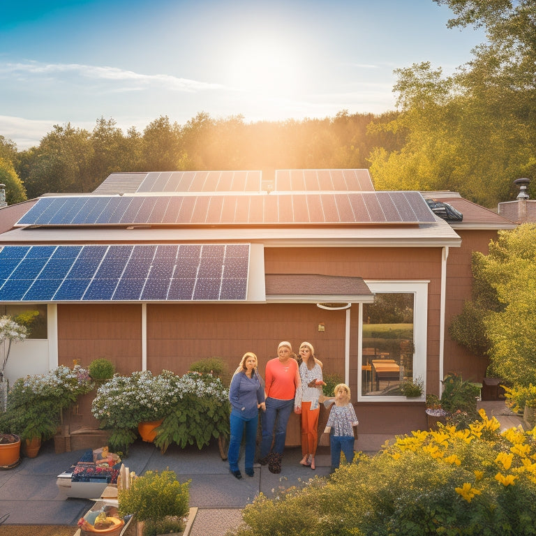 A vibrant solar panel installation on a suburban rooftop, surrounded by lush greenery, with sunlight glinting off the panels, and a family enjoying their sustainable garden below, symbolizing energy independence and affordability.