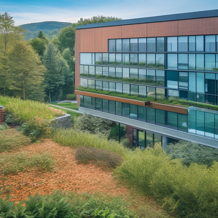 A modern residential building with green roofs, solar panels, large windows surrounded by vertical gardens, and natural stone walls, integrated into a lush landscape with native plants and eco-friendly outdoor living spaces.