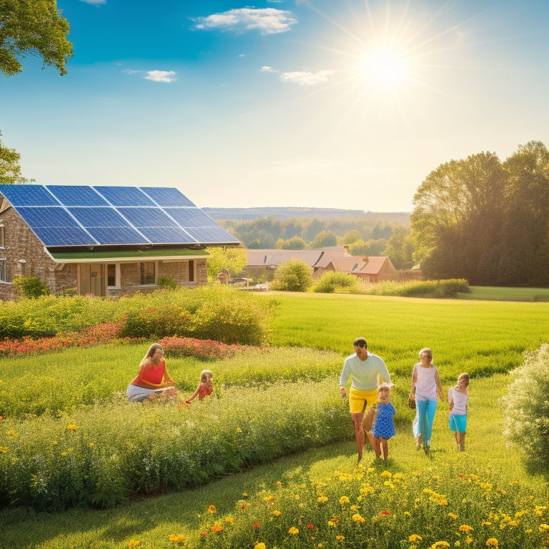 A sun-drenched landscape features solar panels on rooftops, lush green fields, and a clear blue sky. A family enjoys outdoor activities, surrounded by vibrant flowers and trees, symbolizing sustainability and energy independence.