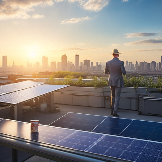 A serene rooftop scene with a mix of installed solar panels and empty space, surrounded by cityscape, with a curious business owner in the foreground, gesturing towards the panels with a questioning expression.