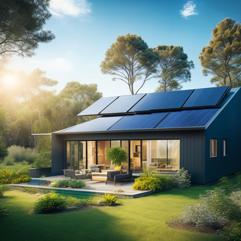 An image depicting a modern, eco-friendly home with sleek, black solar panels seamlessly integrated into the roof, surrounded by lush greenery and a bright blue sky with a few puffy white clouds.