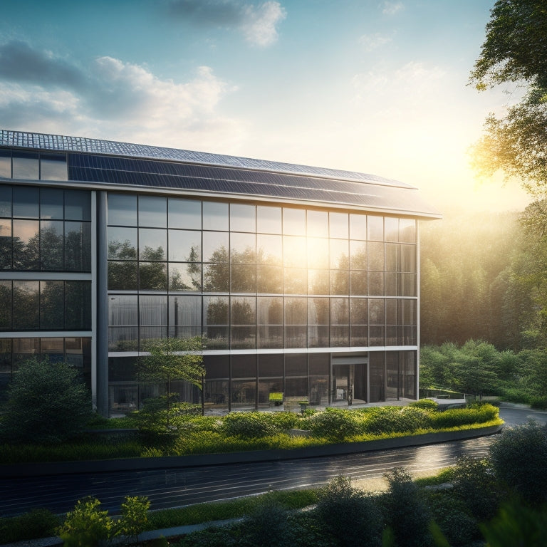 A serene, modern office building with large windows, surrounded by lush greenery, featuring sleek solar panels on the rooftop, with sunbeams shining down, casting a warm glow.