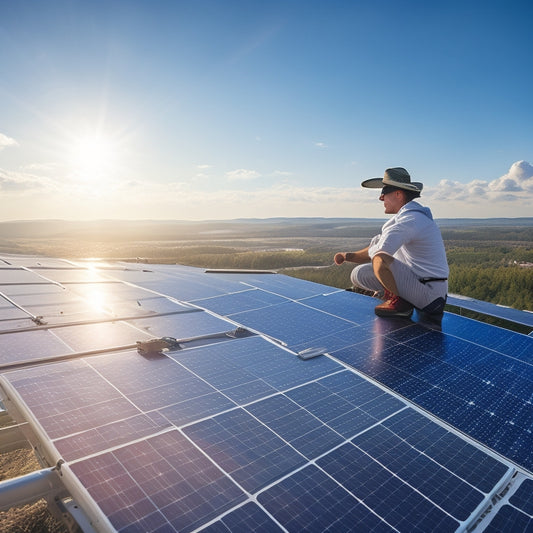 A technician inspecting solar panels on a commercial rooftop, surrounded by blue skies and fluffy clouds, with tools in hand, sunlight reflecting off the panels, showcasing vibrant green energy and an urban landscape below.