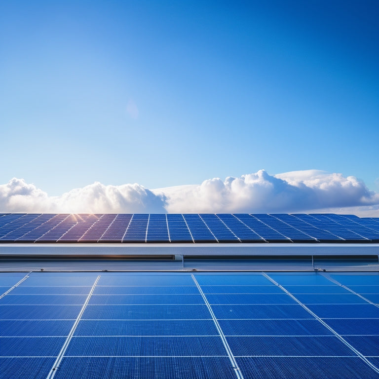 A bright blue sky with fluffy white clouds, a row of shiny solar panels on a rooftop, and a subtle hint of a government building in the distant background.