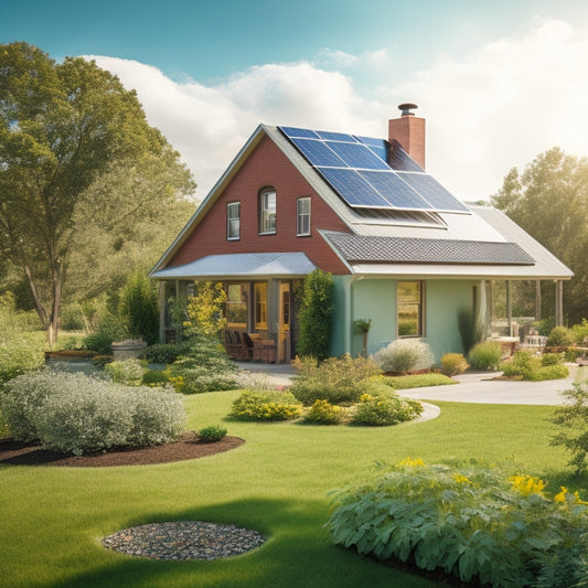 A serene home surrounded by lush greenery, featuring solar panels on the roof, a wind turbine in the yard, a vegetable garden, and rainwater collection barrels under a bright blue sky.