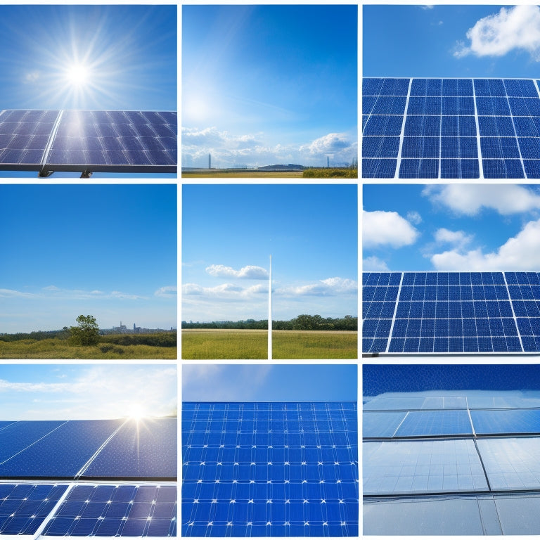 A collage of 5-7 solar panels with varying angles and reflections, set against a bright blue sky with a few puffy white clouds, surrounded by subtle hints of a modern rooftop and greenery.