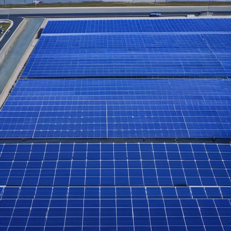 Aerial view of a large, flat rooftop covered in rows of sleek, dark blue photovoltaic panels, angled at 30 degrees, with silver mounting brackets and wires connecting them.