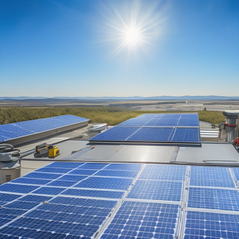 A sunny day with a large commercial rooftop solar panel installation in the background, with a few panels slightly angled open for maintenance, and a toolbox with scattered tools in the foreground.