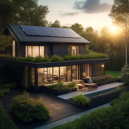 A serene, modern home with a sleek, black solar panel array on its rooftop, surrounded by lush greenery, with a subtle, sunny glow illuminating the scene.
