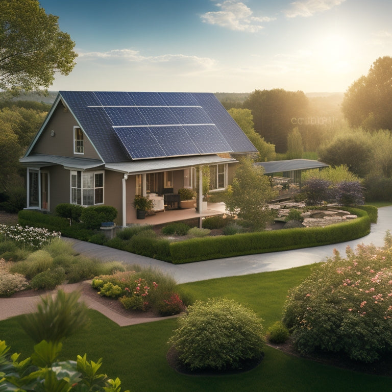 A serene suburban landscape featuring solar panels on rooftops, a wind turbine in the background, a lush garden, and a rainwater collection system, all bathed in warm sunlight, showcasing harmony with nature.