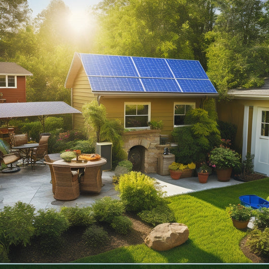 A vibrant backyard scene showcasing a DIY solar energy kit installation. Solar panels on a sunny roof, a homeowner assembling components, lush greenery, sunlight glistening off the panels, and tools scattered nearby.