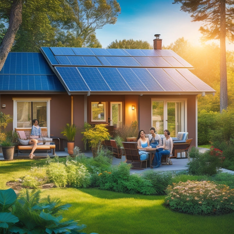 A sunlit eco-friendly home with solar panels on the roof, surrounded by lush greenery, a vibrant garden, and a clear blue sky, showcasing energy savings through illuminated light bulbs and a smiling family enjoying their space.