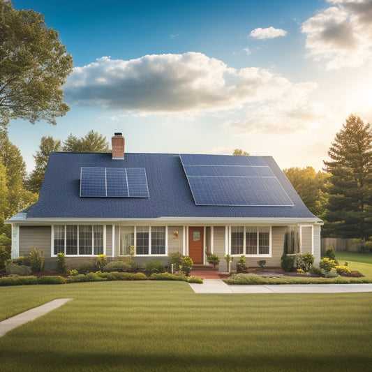 A serene suburban home with a mix of sunny and cloudy skies, featuring a rooftop with a partially installed solar panel array, with a few panels still stacked on the lawn.