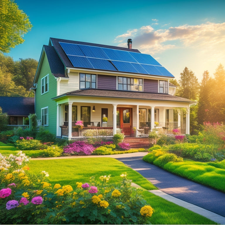 A serene suburban home with a mix of solar panels and traditional roofing, surrounded by blooming flowers and lush greenery, with a subtle sun shining down and a faint grid of financial calculations in the background.