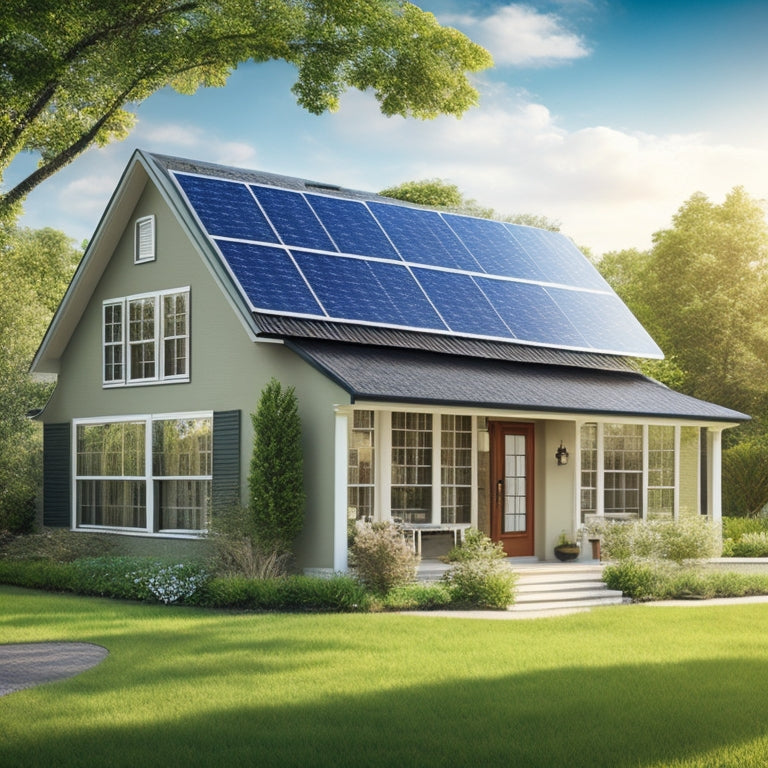 Illustrate a serene suburban home with solar panels on the roof, surrounded by lush greenery, with a sun shining down and a subtle grid of circuitry lines connecting the panels to the house.