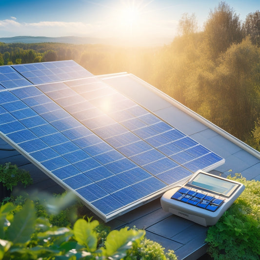 A bright, sunlit rooftop adorned with solar panels, surrounded by lush greenery and a clear blue sky. In the foreground, a calculator and financial documents are neatly arranged, illustrating cost-effective financing options.