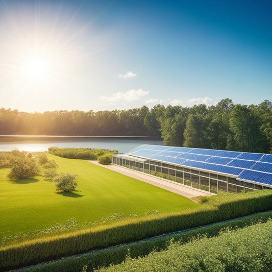 A serene landscape with a large, sleek commercial building in the background, covered in rows of shimmering blue solar panels, surrounded by lush greenery and a bright, sunny sky.