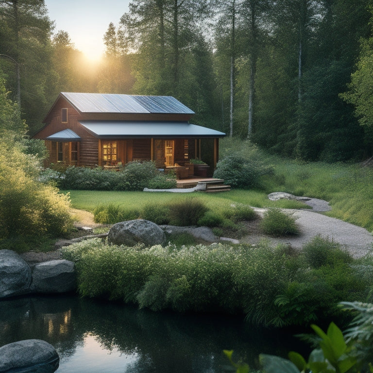 A serene off-grid cabin surrounded by lush greenery, solar panels on the roof, a blue sky above, solar lights illuminating a garden, and a peaceful stream nearby, showcasing sustainable living in harmony with nature.