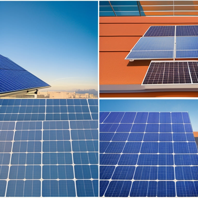 A split-screen image featuring a close-up of a high-efficiency solar panel with crystalline silicon wafers and a sleek, anodized aluminum frame on one side, and a rooftop installation with multiple panels at different angles on the other.