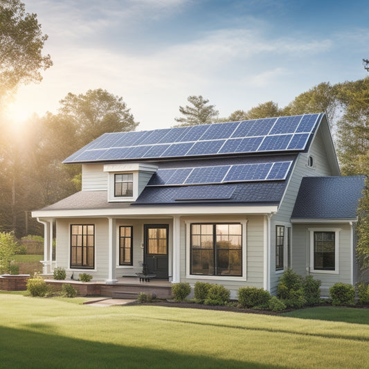 A serene suburban home with solar panels installed on the roof, surrounded by lush greenery, with a subtle sun shining down and a faint grid of electrical lines in the background.