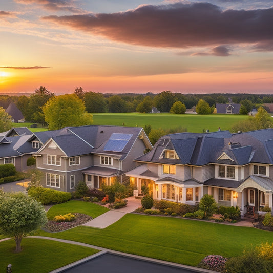 A serene suburban neighborhood at sunset, with 10 different residential rooftops showcasing varied solar panel systems, each with distinct panel shapes, sizes, and installation styles, amidst lush greenery and fluffy clouds.