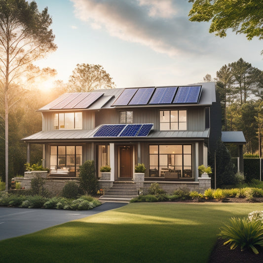 A serene suburban home with a mix of solar panels and traditional roofing, surrounded by lush greenery, with a subtle sunbeam shining down on the panels, highlighting their sleek, modern design.