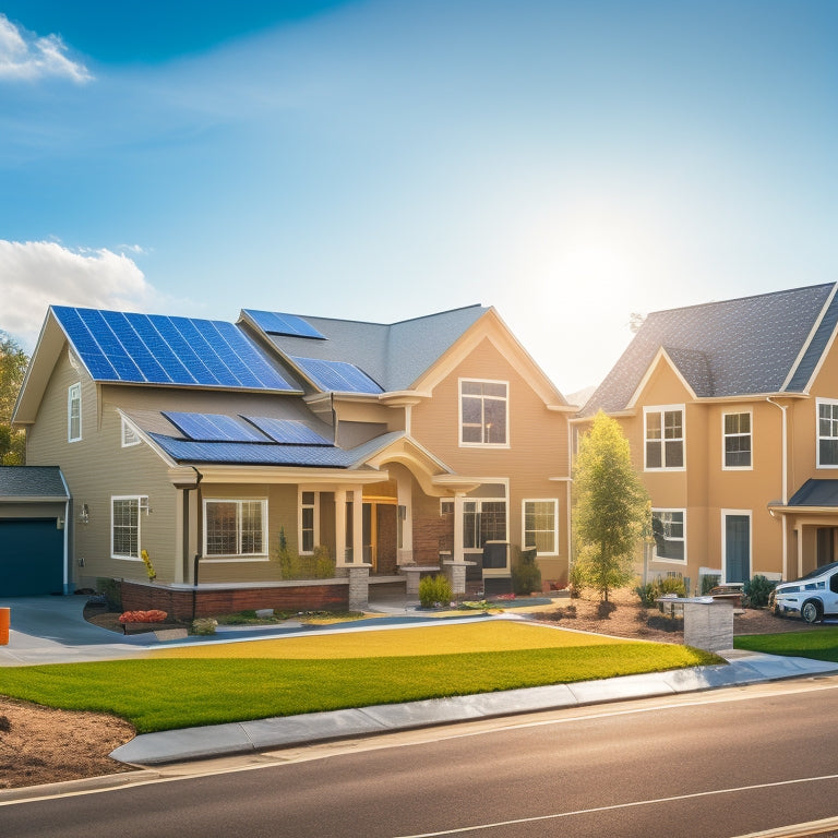 A sunny suburban street with multiple new homes under construction, various roof types, and angles, showcasing solar panels at different installation stages, with workers and equipment in the background.