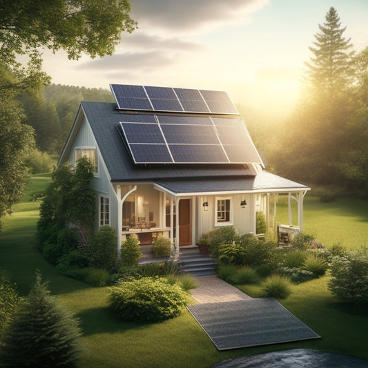 A serene landscape with a single-family home surrounded by lush greenery, featuring a partially installed solar panel array on the roof, with a ladder and toolbox nearby, amidst a subtle sunny glow.