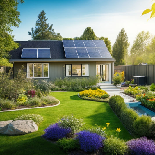 A serene suburban backyard with a modern home featuring sleek solar panels on the roof, surrounded by lush greenery, vibrant flowers, and a clear blue sky, conveying a sense of eco-friendly living and sustainability.
