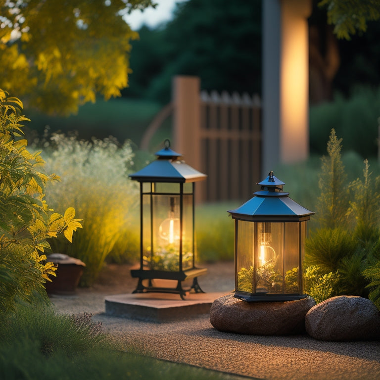 A serene outdoor scene showcasing sleek solar lanterns illuminating a cozy garden. Soft glowing lights accentuate lush greenery, while solar panels reflect a sunset sky, emphasizing sustainability and tranquility in an off-grid setting.